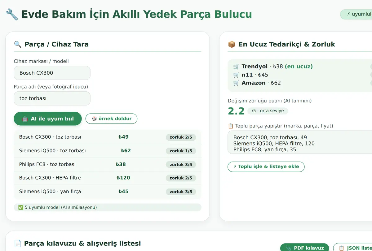 Evde Bakım İçin Akıllı Yedek Parça Bulucu ekran görüntüsü
