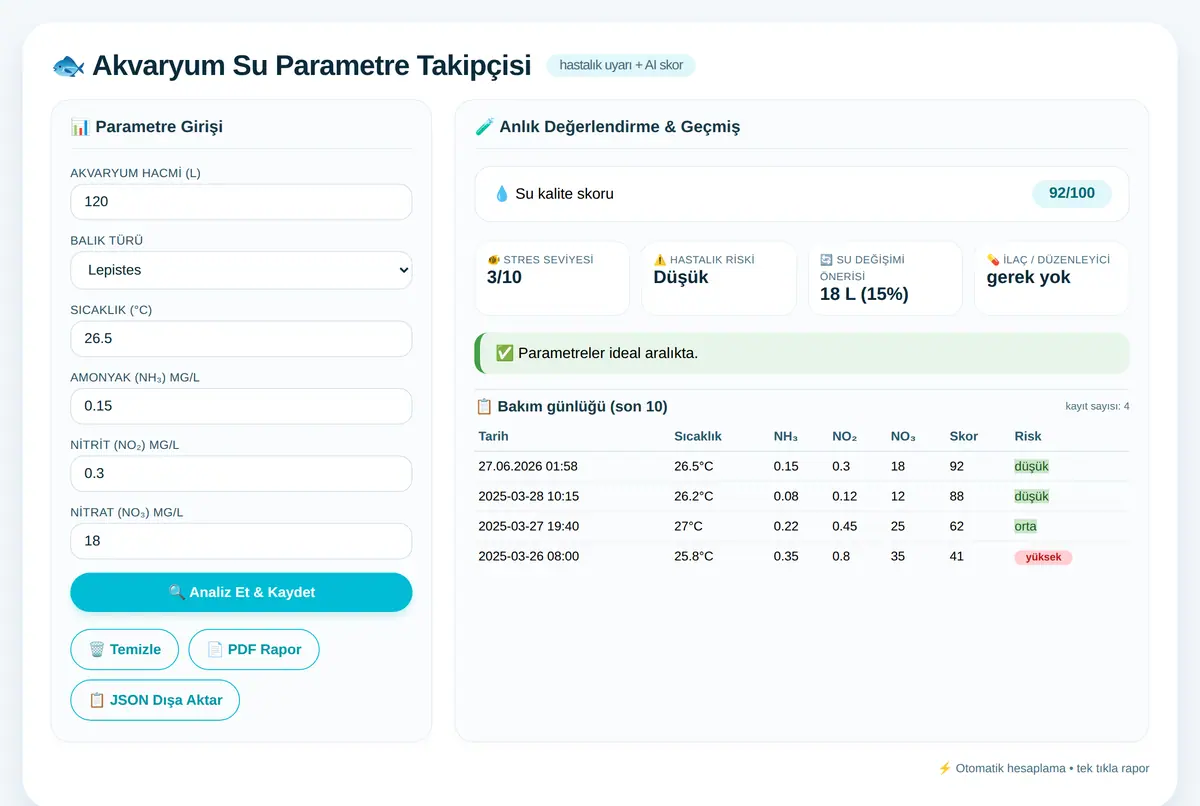 Akvaryum Su Parametre Takipçisi ve Hastalık Uyarı ekran görüntüsü 2