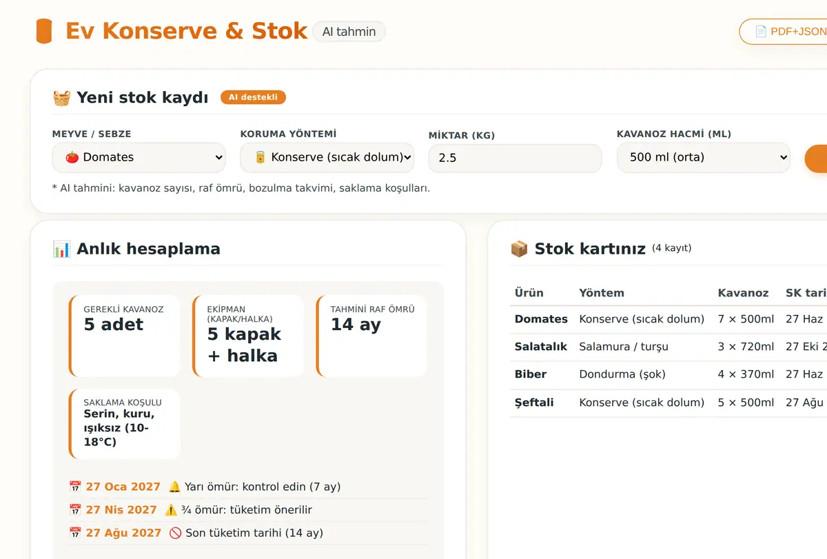 Ev Konserve & Stok Hesaplayıcı: Raf Ömrü + AI T ekran görüntüsü