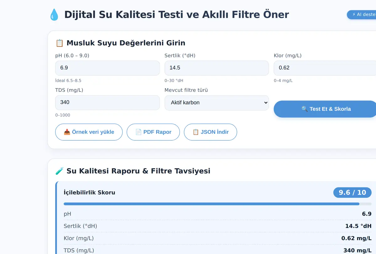Dijital Su Kalitesi Testi ve Akıllı Filtre Öner ekran görüntüsü