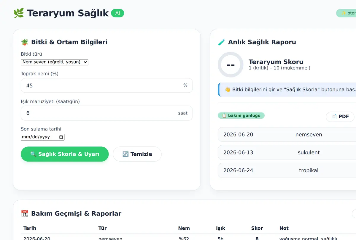 Teraryum Sağlık Skorlayıcı & Bakım Takip Aracı ekran görüntüsü
