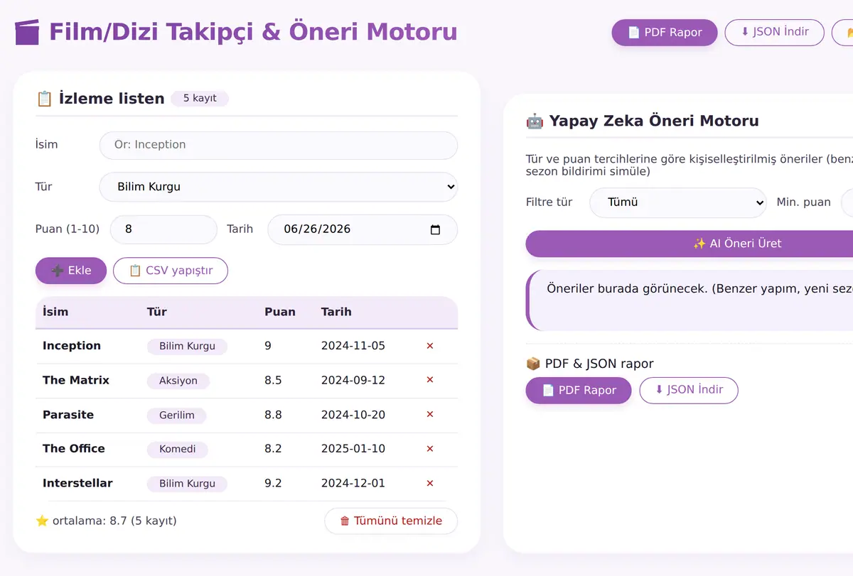 Film/Dizi Takipçi & Yapay Zeka Öneri Motoru ekran görüntüsü