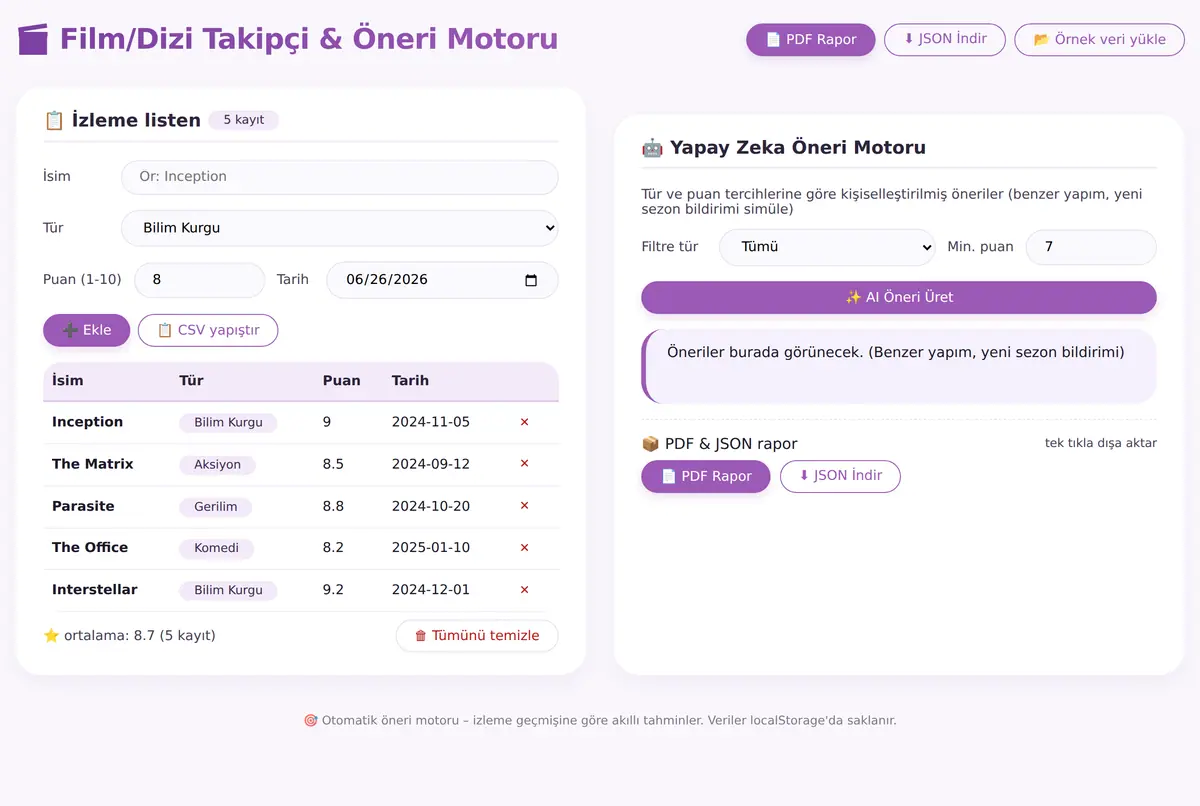 Film/Dizi Takipçi & Yapay Zeka Öneri Motoru ekran görüntüsü 2
