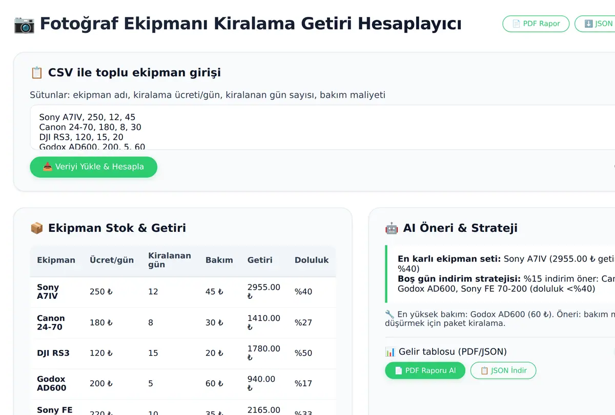 Fotoğraf Ekipmanı Kiralama Getiri Hesaplayıcı ekran görüntüsü