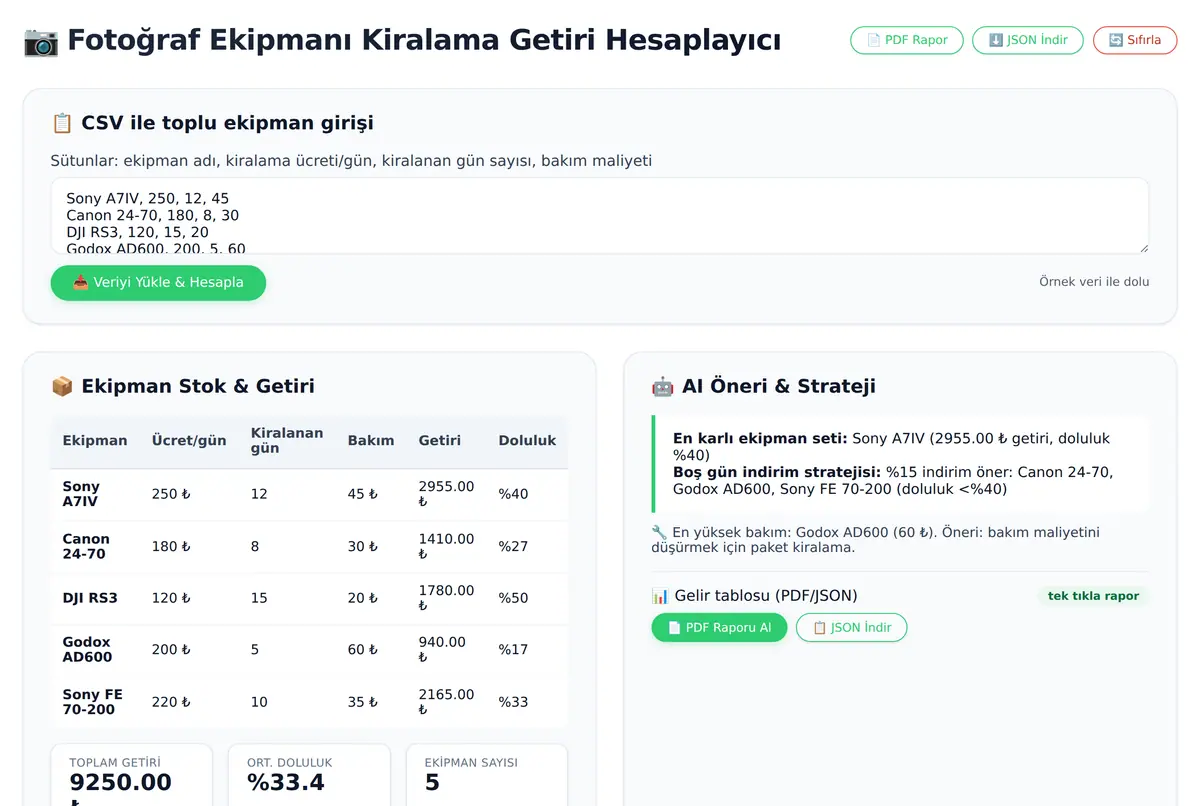 Fotoğraf Ekipmanı Kiralama Getiri Hesaplayıcı ekran görüntüsü 2