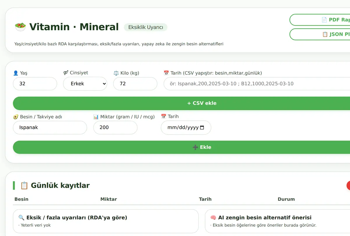 Kişisel Vitamin Mineral Takipçisi ve Eksiklik Uyarıcısı ekran görüntüsü