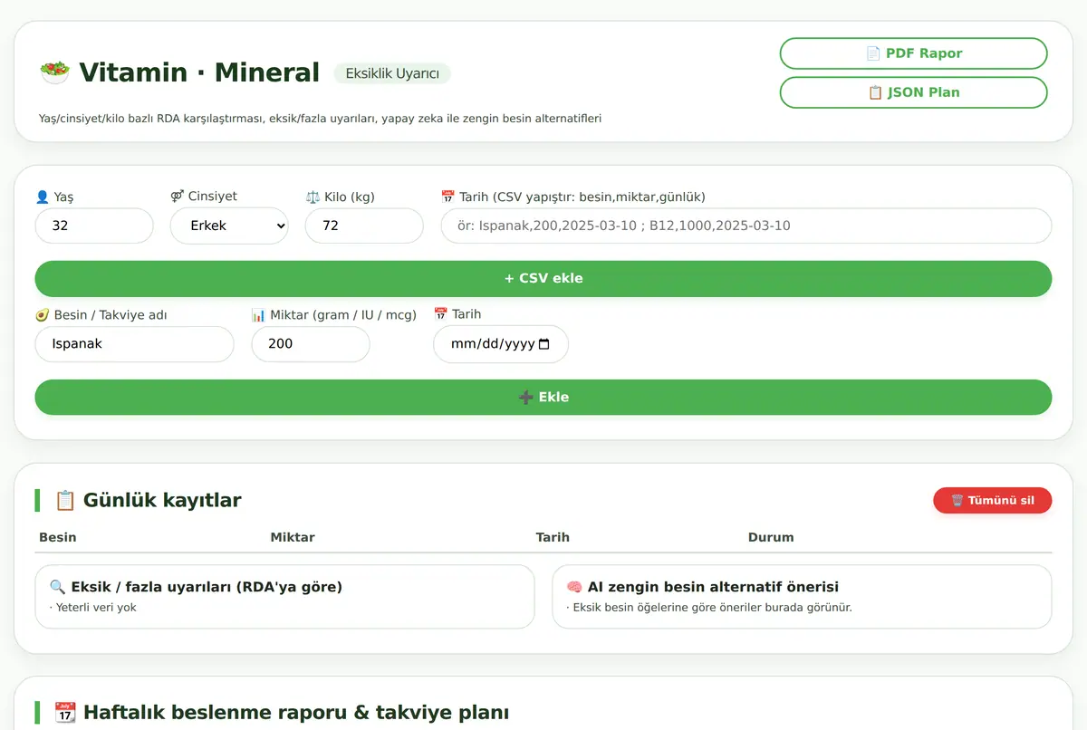 Kişisel Vitamin Mineral Takipçisi ve Eksiklik Uyarıcısı ekran görüntüsü 2