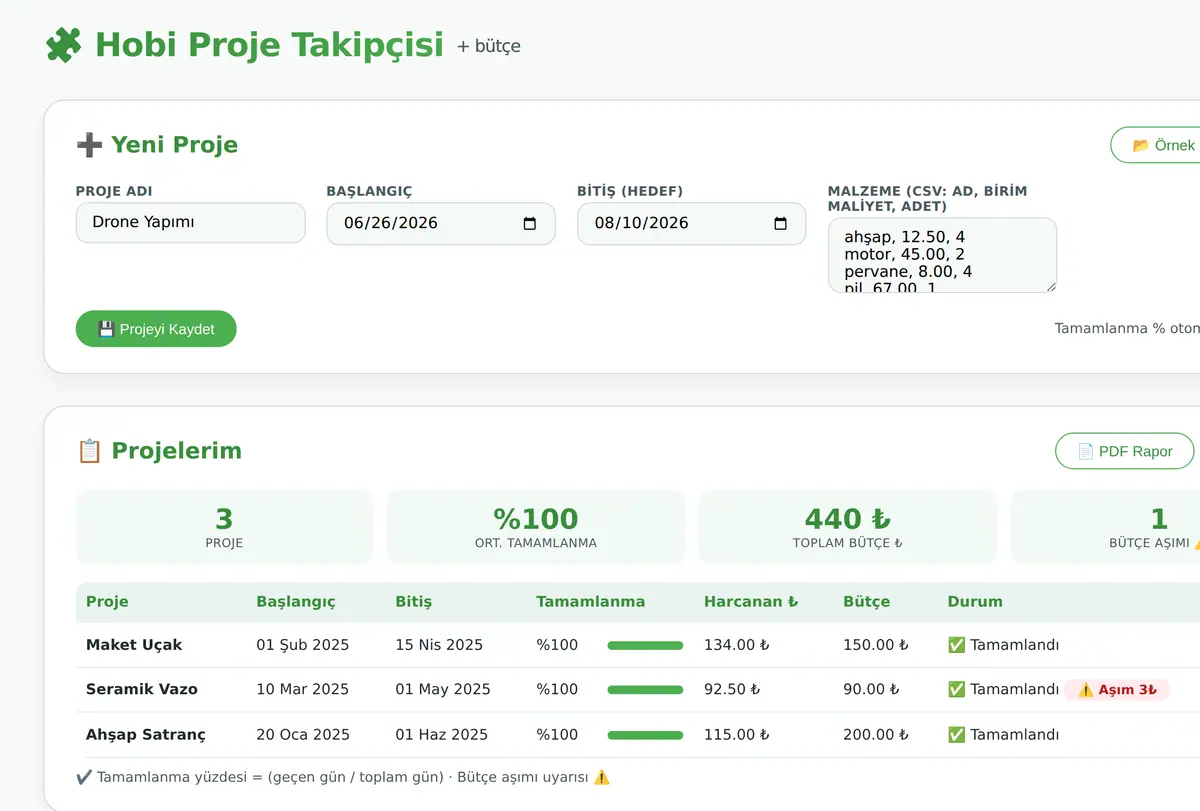 Hobi Proje Takipçisi & Bütçe Yöneticisi ekran görüntüsü