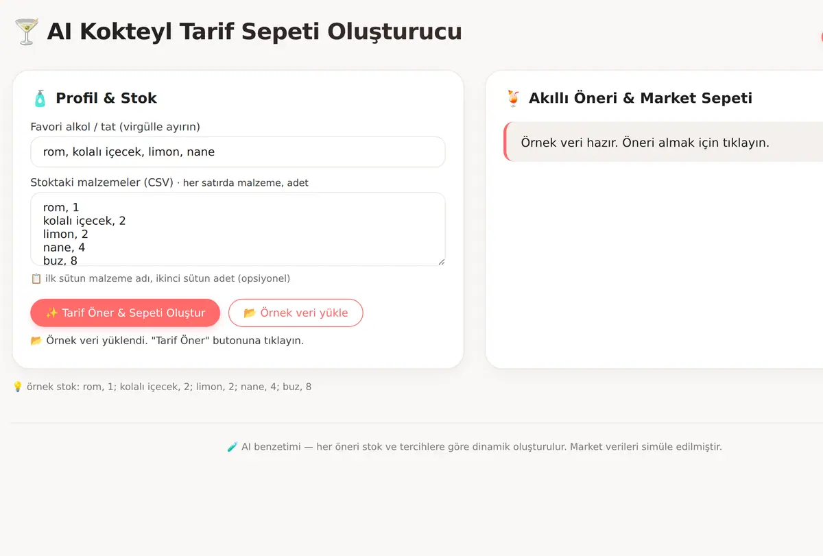 AI Kokteyl Tarif Sepeti Oluşturucu ekran görüntüsü
