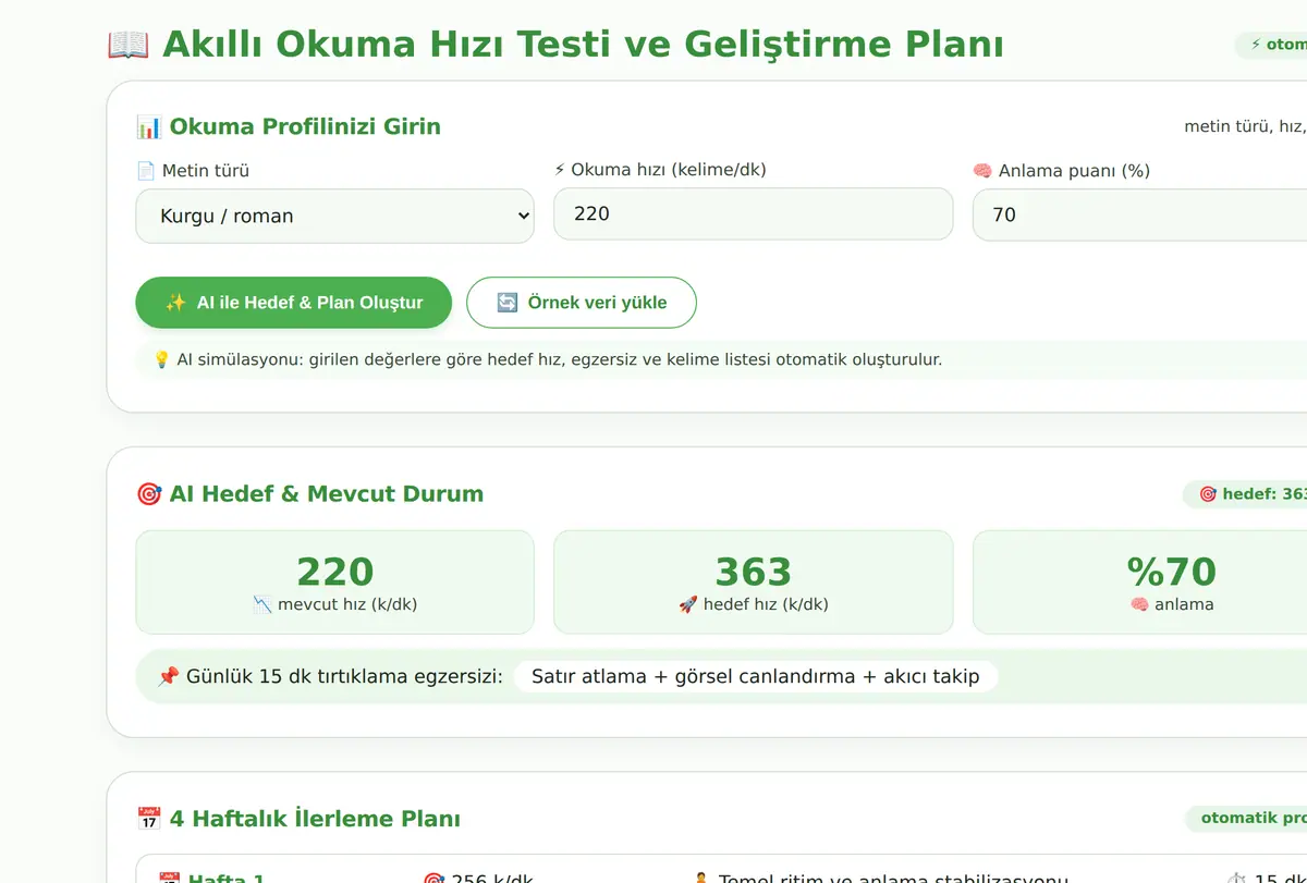 Akıllı Okuma Hızı Testi ve Geliştirme Planı ekran görüntüsü