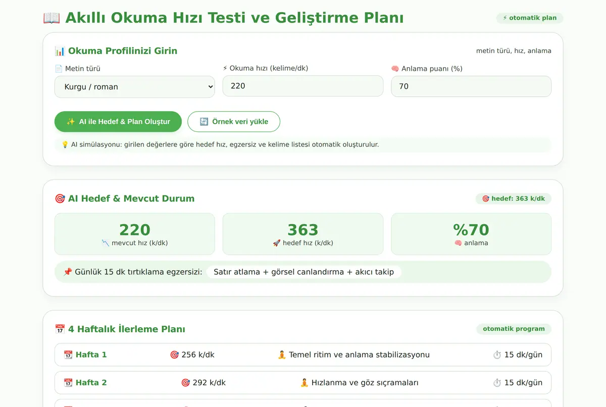 Akıllı Okuma Hızı Testi ve Geliştirme Planı ekran görüntüsü 2