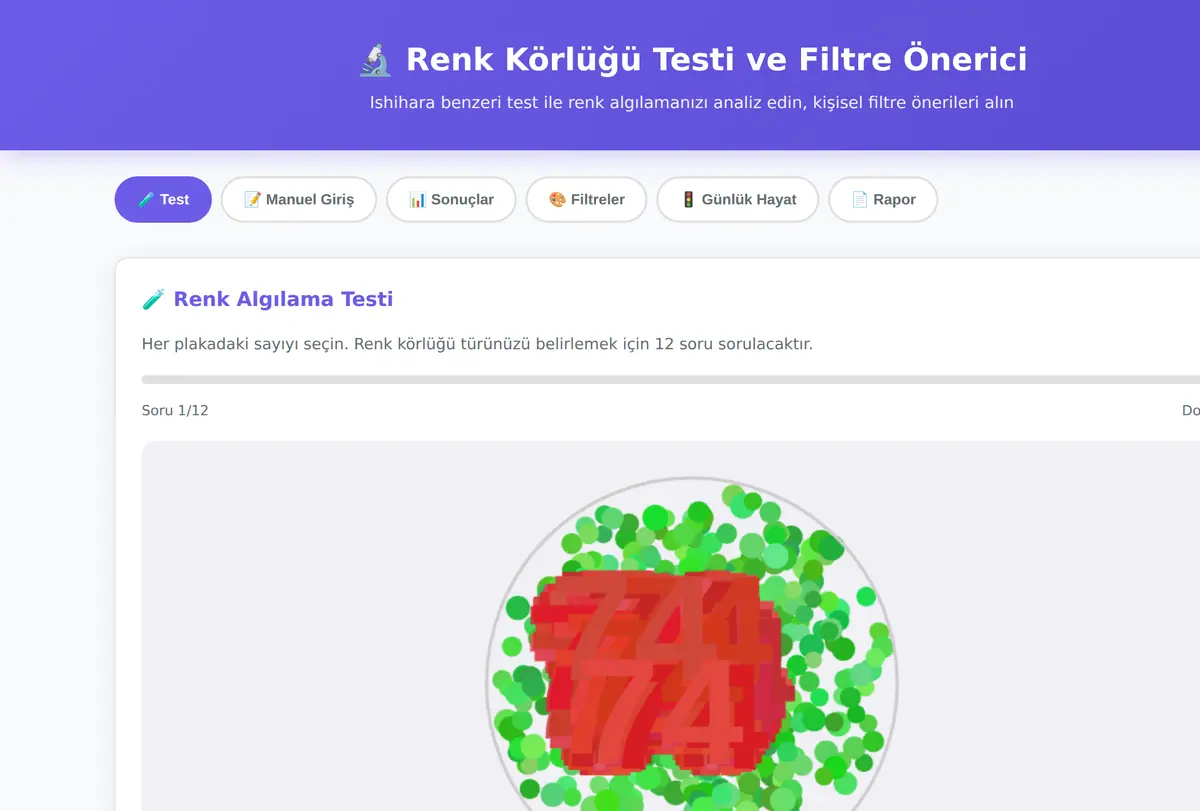 Renk Körlüğü Testi ve Filtre Önerici ekran görüntüsü