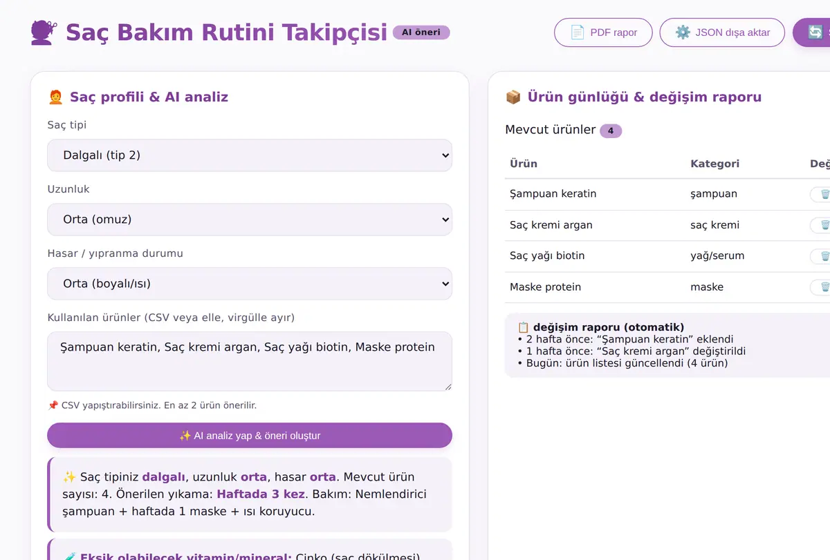 Saç Bakım Rutini Takipçisi ve Akıllı Ürün Öneri ekran görüntüsü