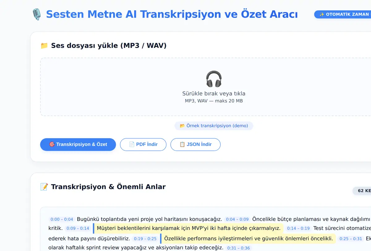 Sesten Metne AI Transkripsiyon ve Özet Aracı ekran görüntüsü