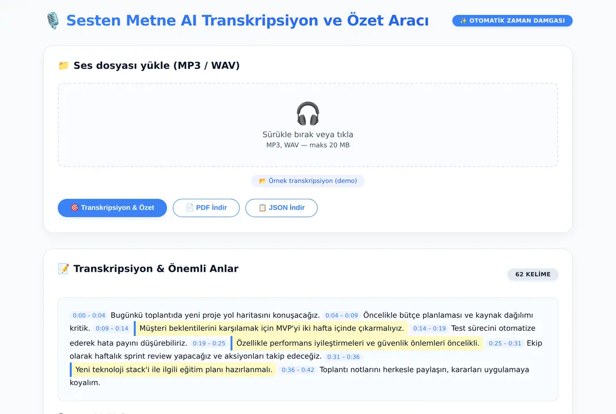 Sesten Metne AI Transkripsiyon ve Özet Aracı ekran görüntüsü 2
