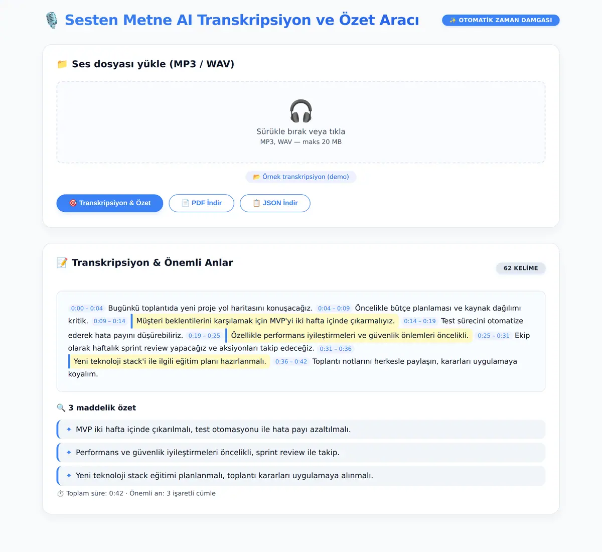 Sesten Metne AI Transkripsiyon ve Özet Aracı ekran görüntüsü 3