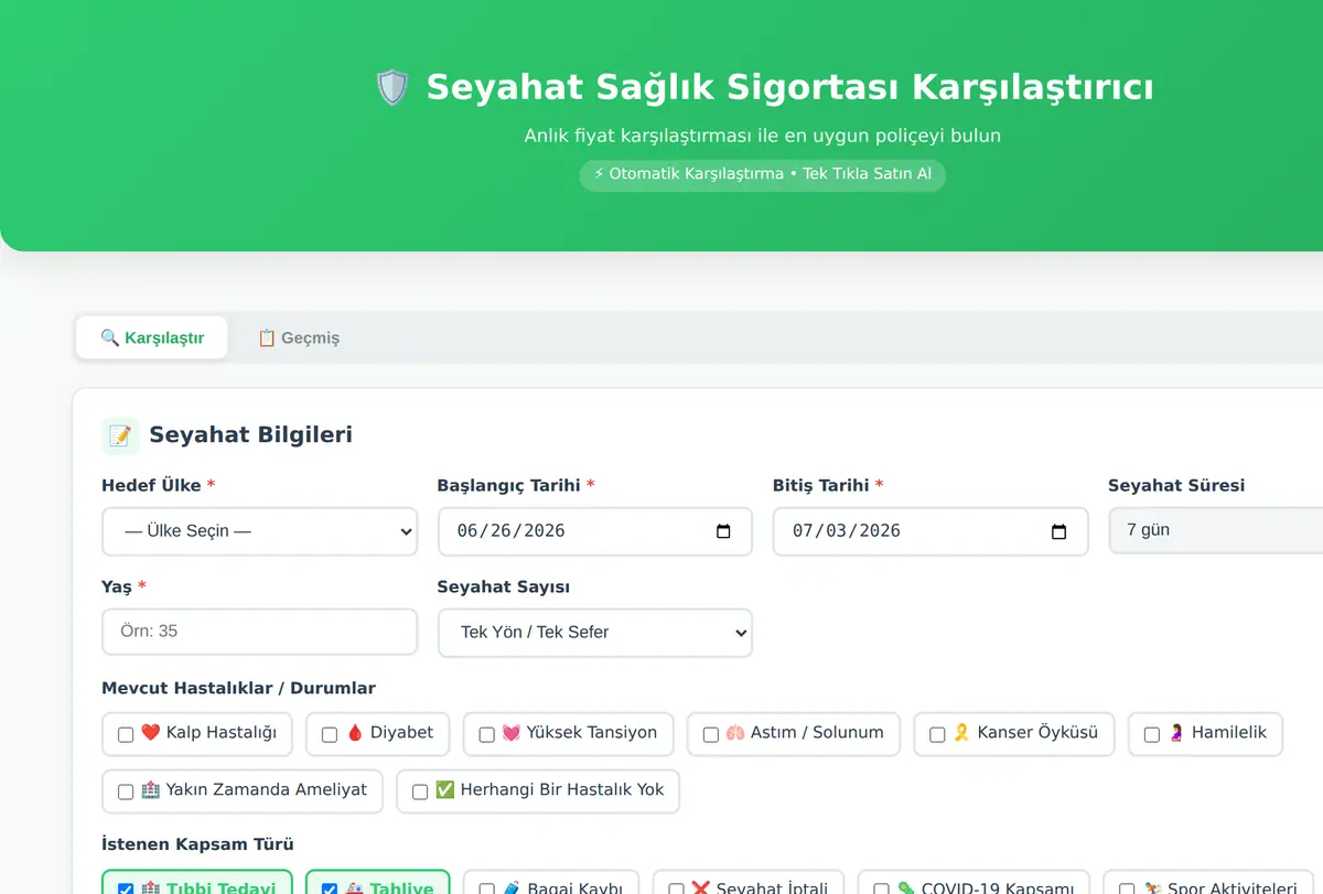 Seyahat Sağlık Sigortası Karşılaştırıcı ekran görüntüsü