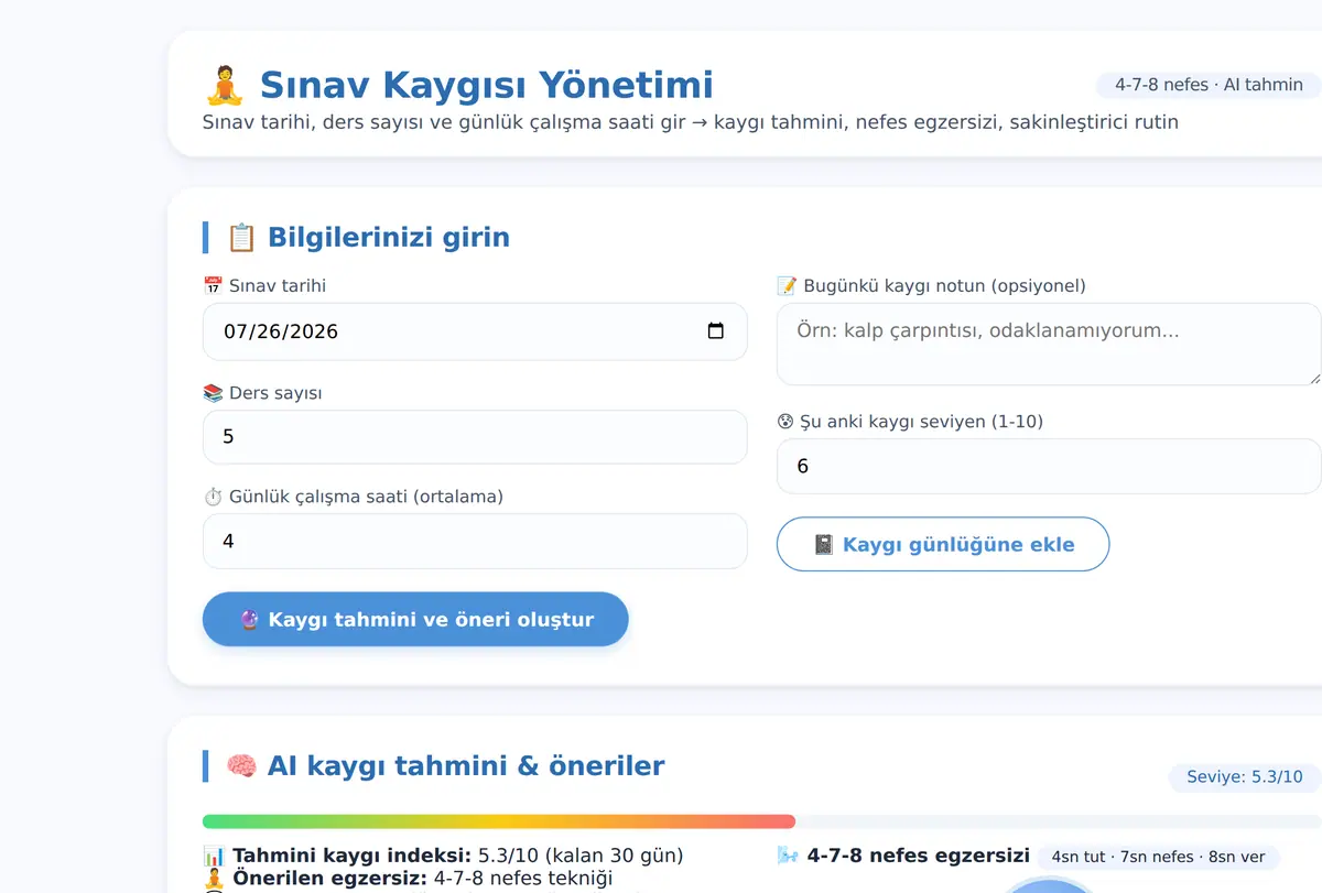 Sınav Kaygısı Yönetim Aracı · Nefes Egzersizi ekran görüntüsü