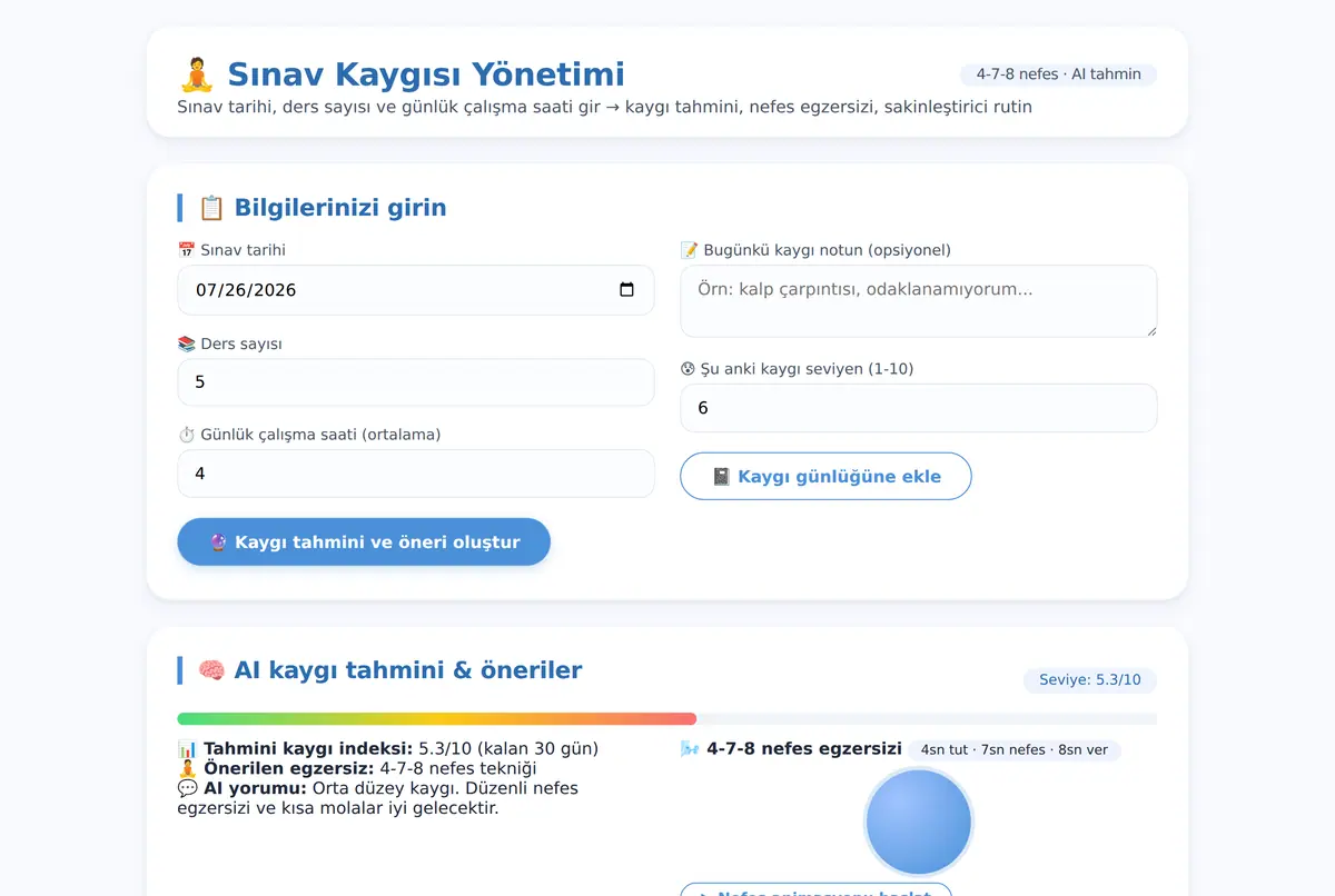 Sınav Kaygısı Yönetim Aracı · Nefes Egzersizi ekran görüntüsü 2