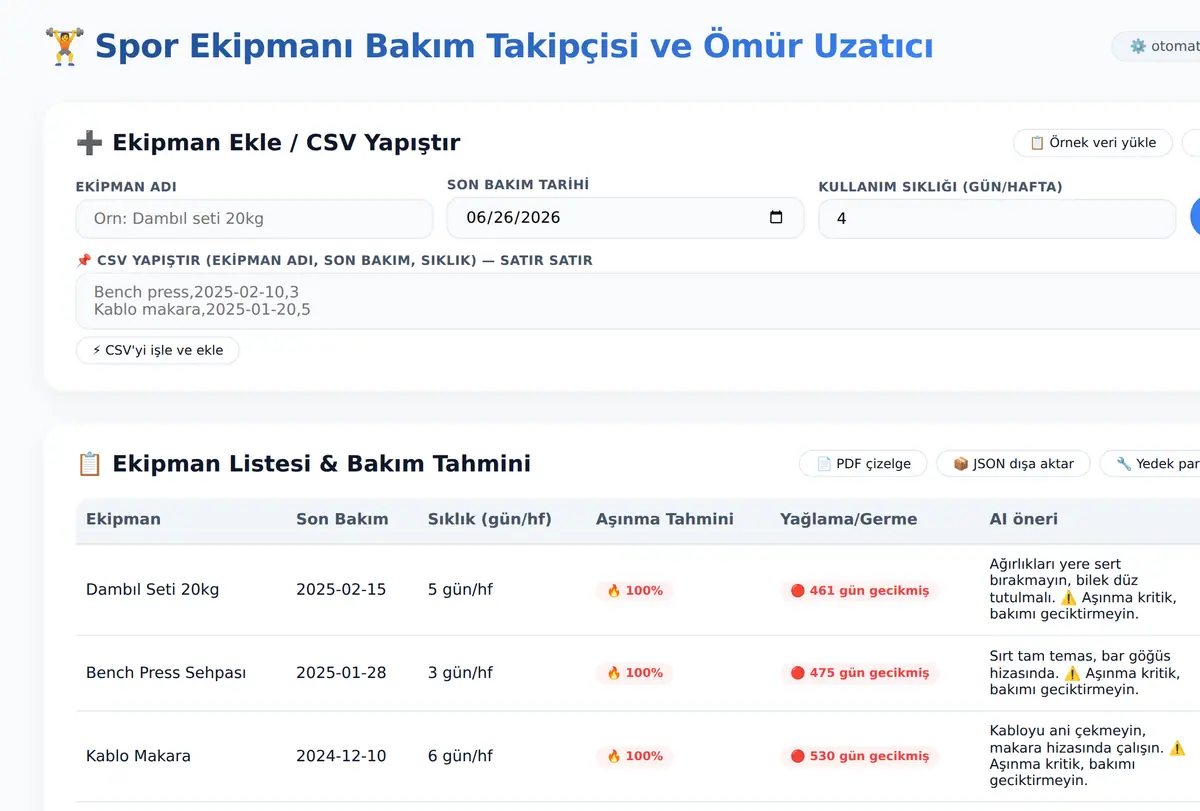 Spor Ekipmanı Bakım Takipçisi ve Ömür Uzatıcı ekran görüntüsü