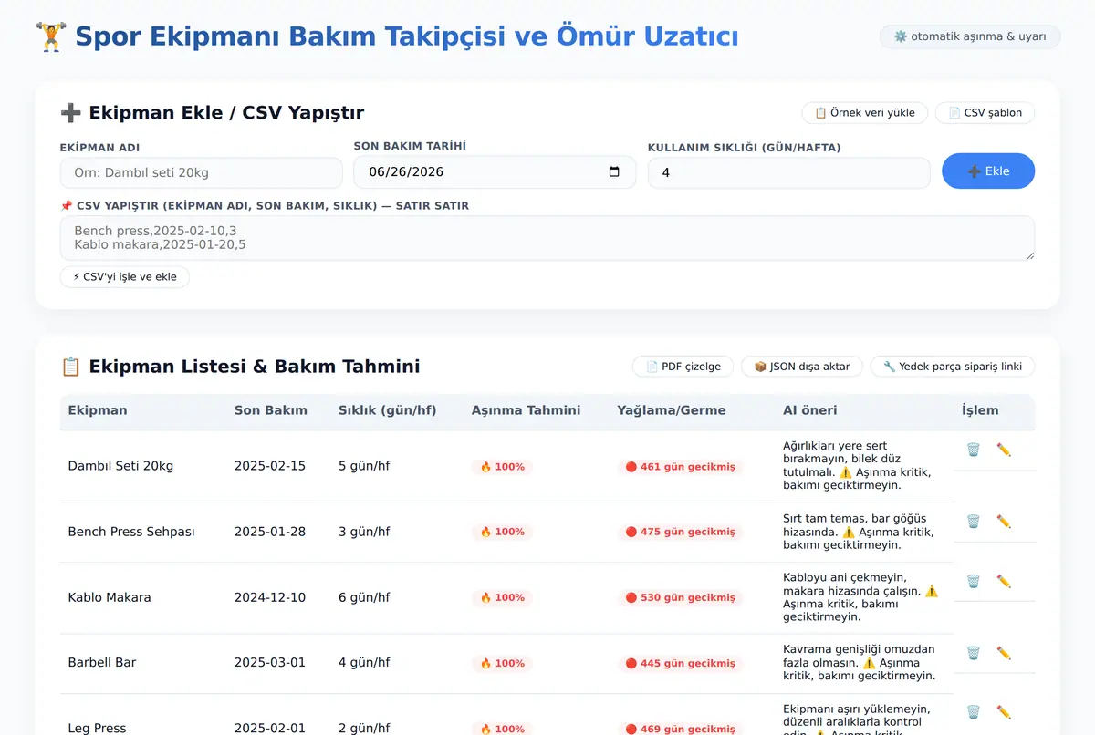 Spor Ekipmanı Bakım Takipçisi ve Ömür Uzatıcı ekran görüntüsü 2