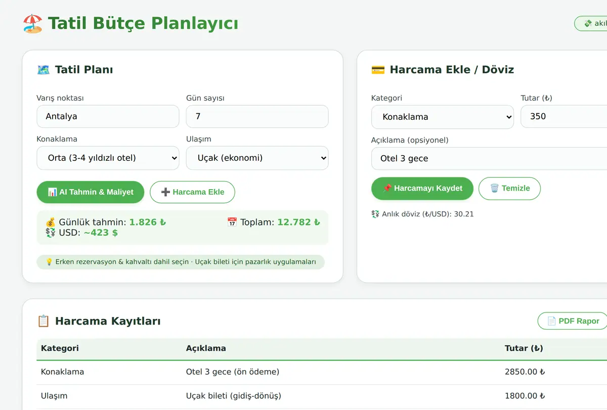 Tatil Bütçe Planlayıcı & Harcama Takip Aracı ekran görüntüsü
