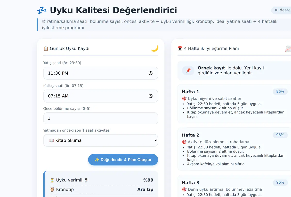 Uyku Kalitesi Değerlendirici ve İyileştirme Planı ekran görüntüsü