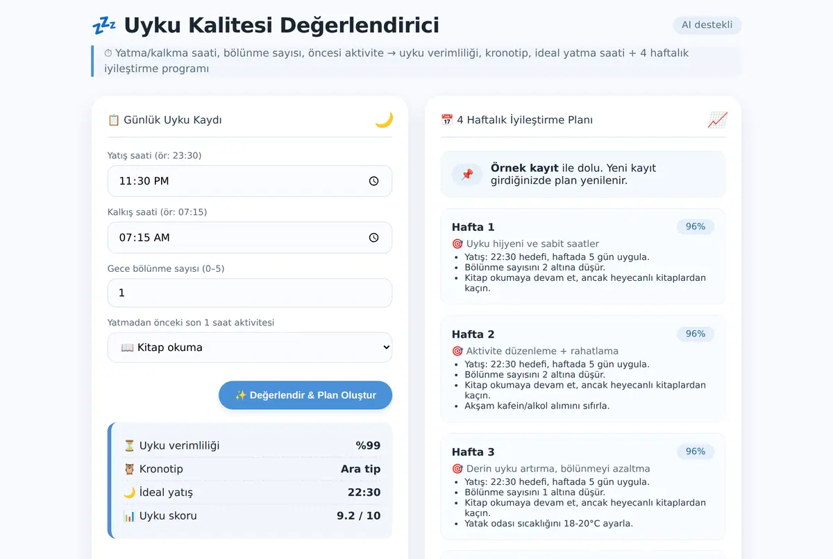 Uyku Kalitesi Değerlendirici ve İyileştirme Planı ekran görüntüsü 2