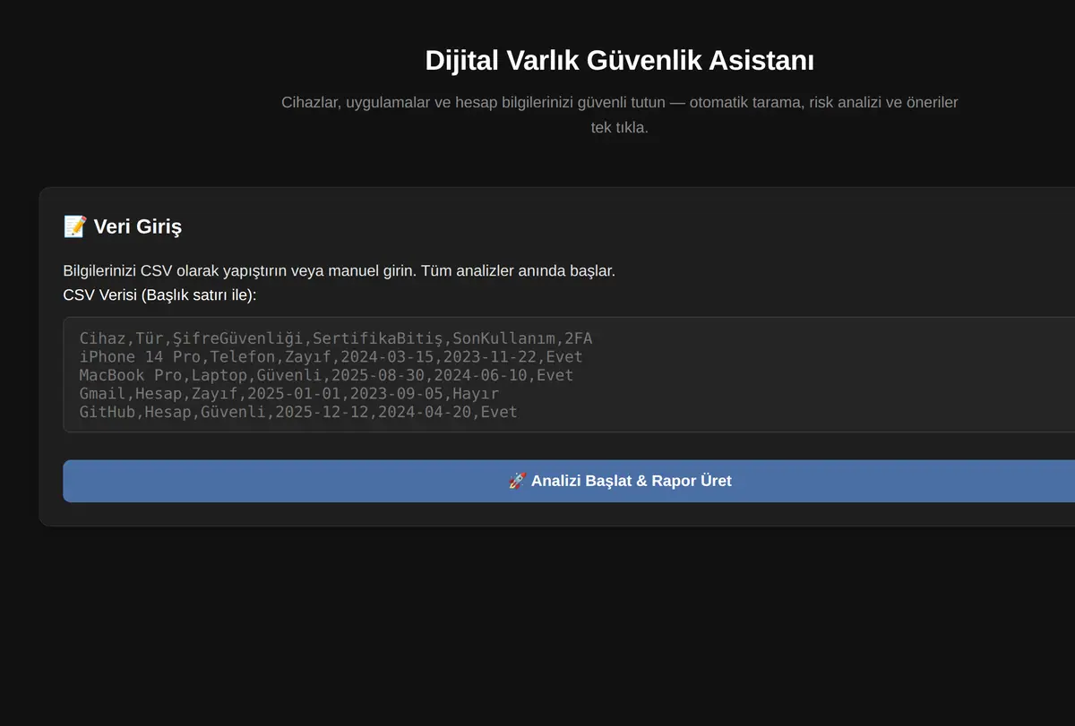 Dijital Varlık Güvenlik Asistanı ekran görüntüsü