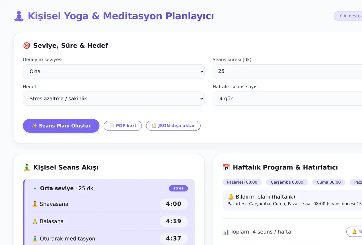 Kişisel Yoga & Meditasyon Planlayıcı Aracı ekran görüntüsü