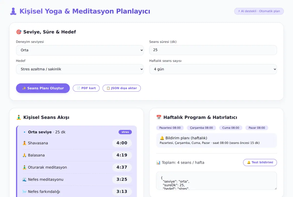 Kişisel Yoga & Meditasyon Planlayıcı Aracı ekran görüntüsü 2