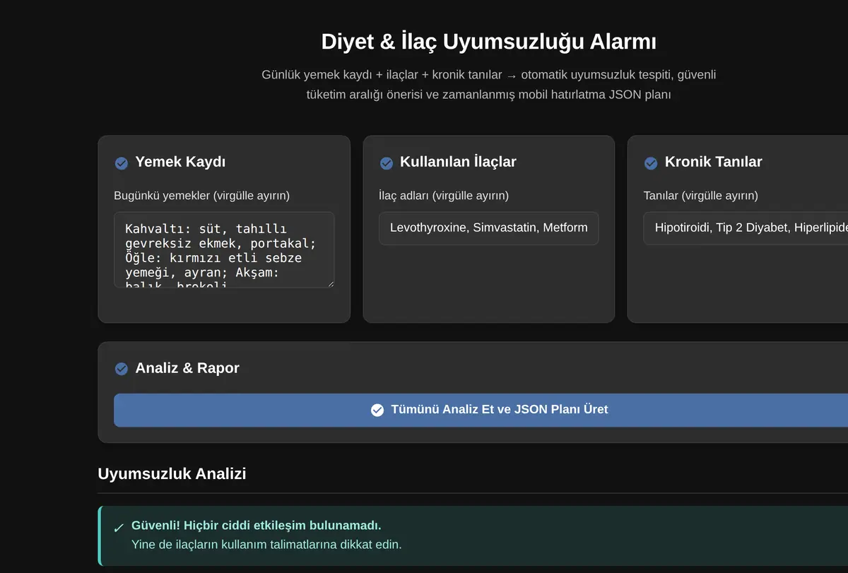 Diyet & İlaç Uyumsuzluğu Alarmı ekran görüntüsü