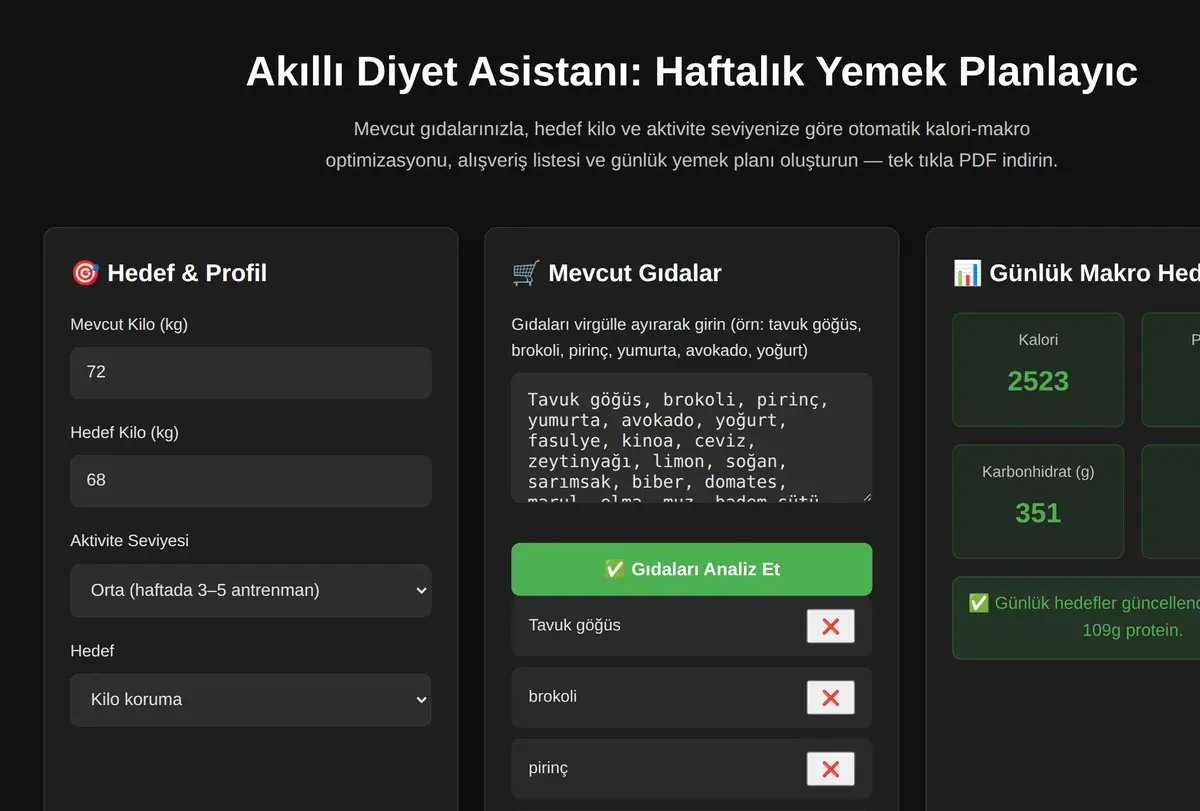 Akıllı Diyet Asistanı: Haftalık Yemek Planlayıc ekran görüntüsü