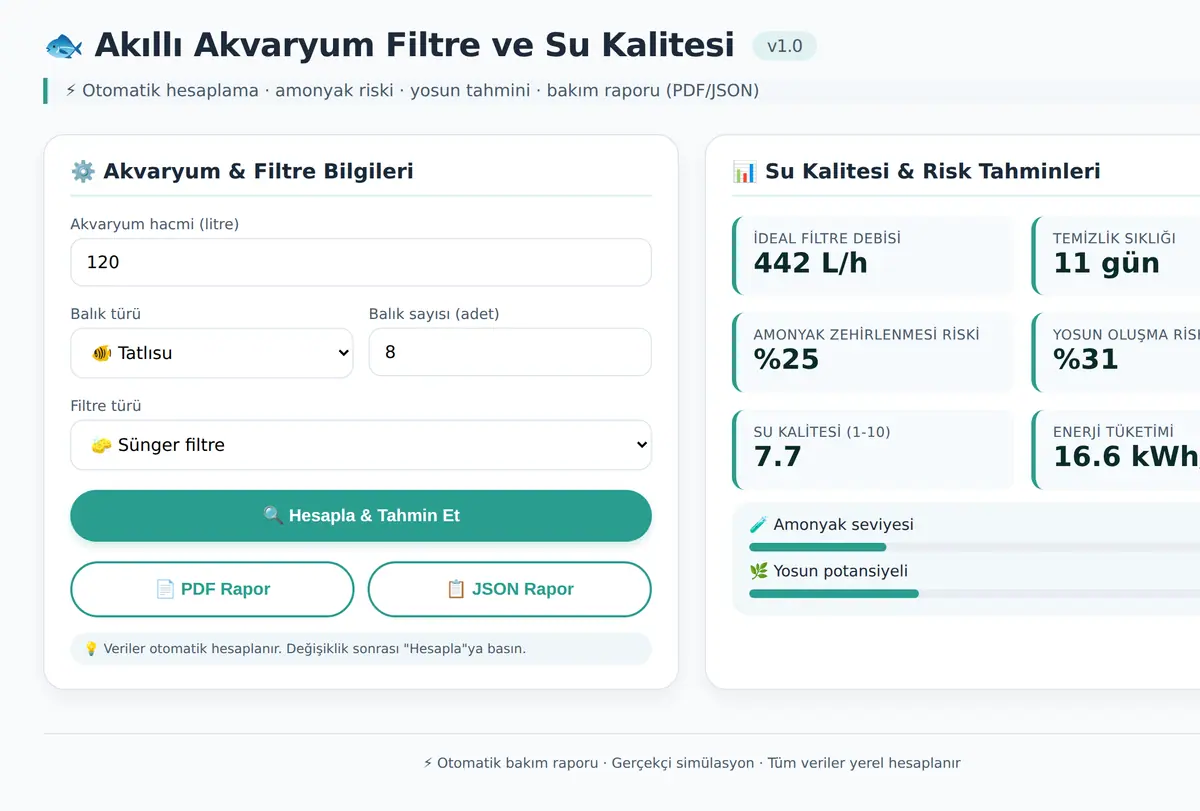 Akıllı Akvaryum Filtre ve Su Kalitesi Hesaplayıcı ekran görüntüsü