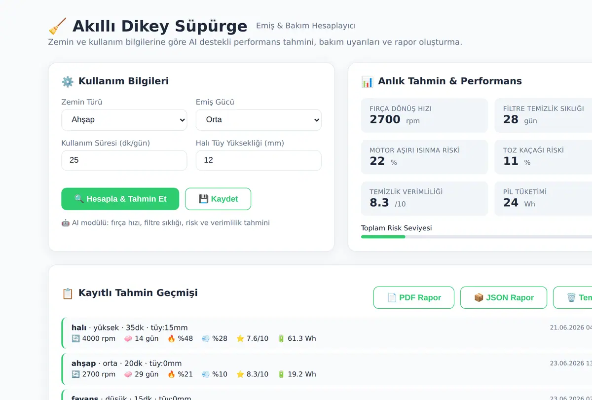 Akıllı Dikey Süpürge Emiş & Bakım Hesaplayıcı ekran görüntüsü