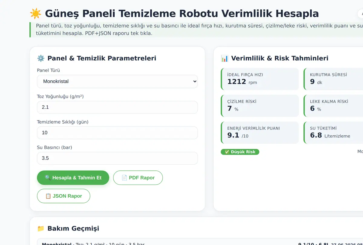 Güneş Paneli Temizleme Robotu Verimlilik Hesapla ekran görüntüsü