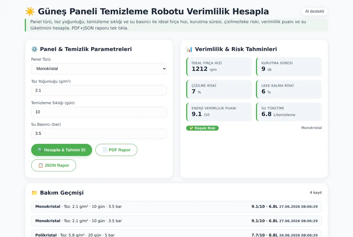 Güneş Paneli Temizleme Robotu Verimlilik Hesapla ekran görüntüsü 2