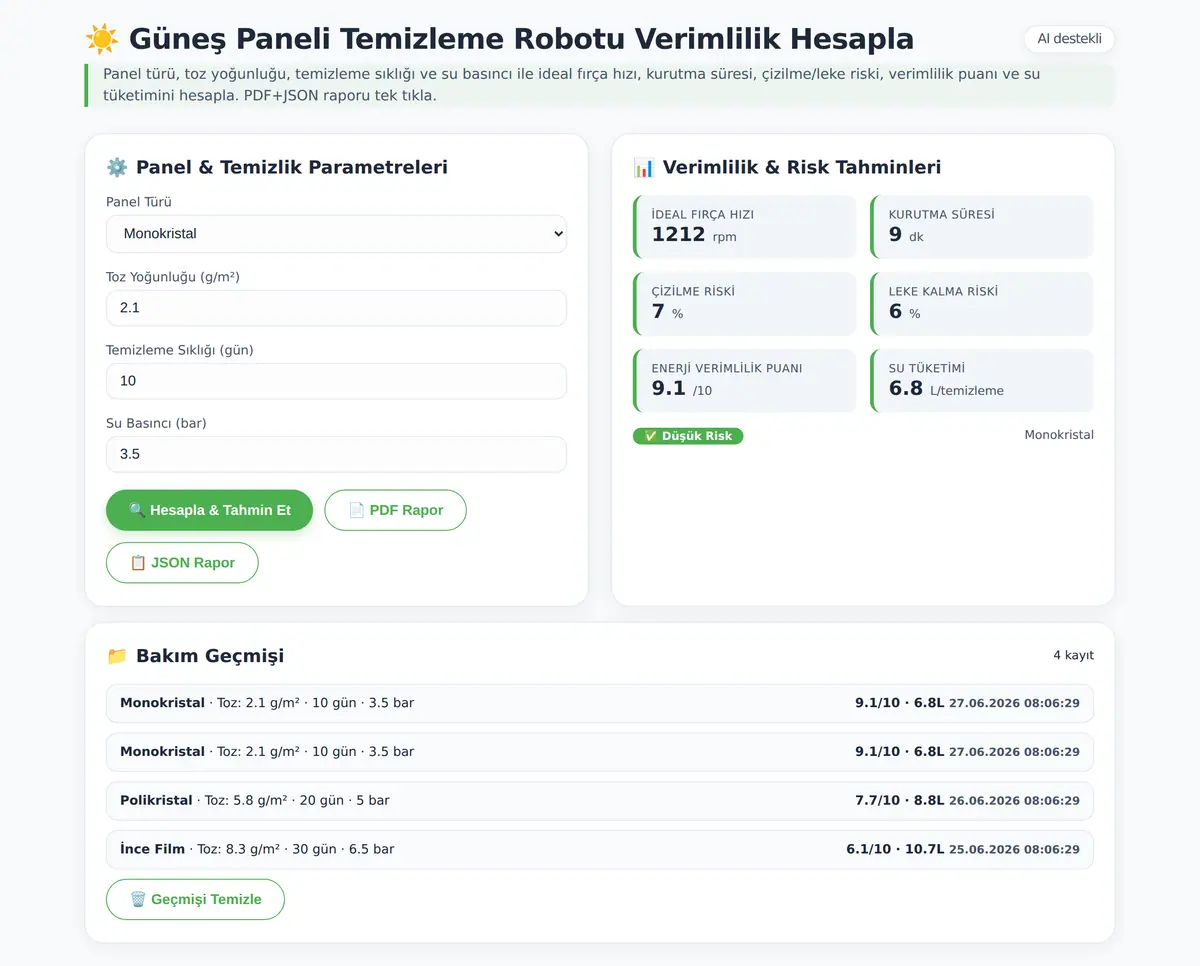 Güneş Paneli Temizleme Robotu Verimlilik Hesapla ekran görüntüsü 3