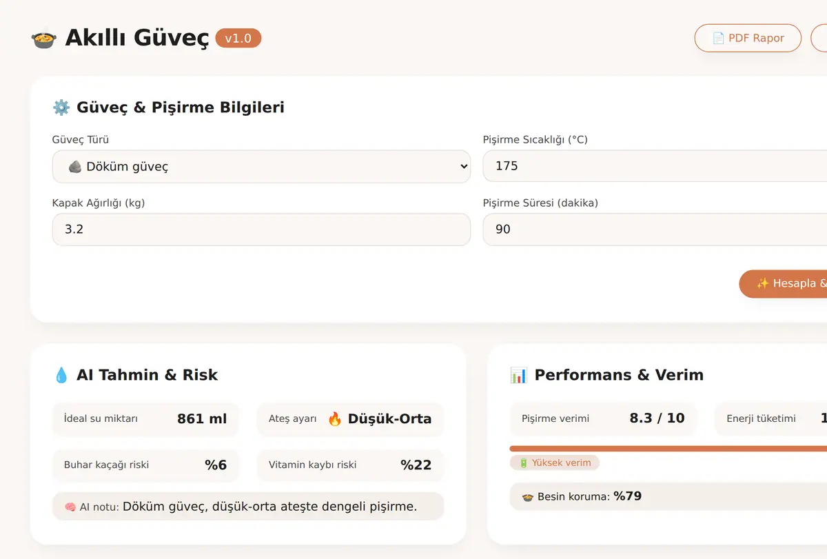 Akıllı Güveç Hesaplayıcı: Buhar & Besin Kaybı ekran görüntüsü