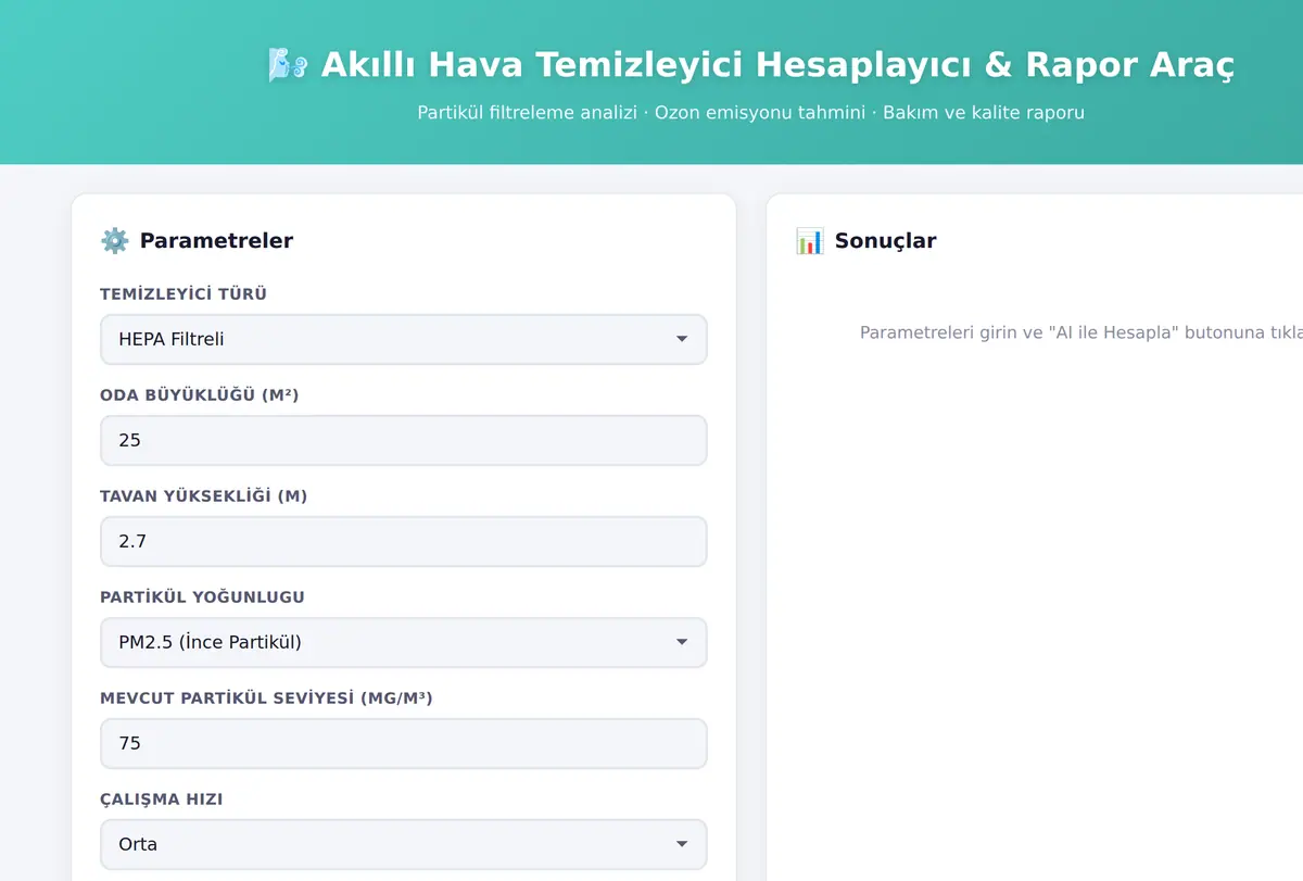 Akıllı Hava Temizleyici Hesaplayıcı & Rapor Araç ekran görüntüsü