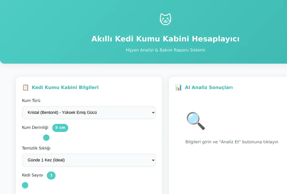 Akıllı Kedi Kumu Kabini Hesaplayıcı & Hijyen Raporu ekran görüntüsü