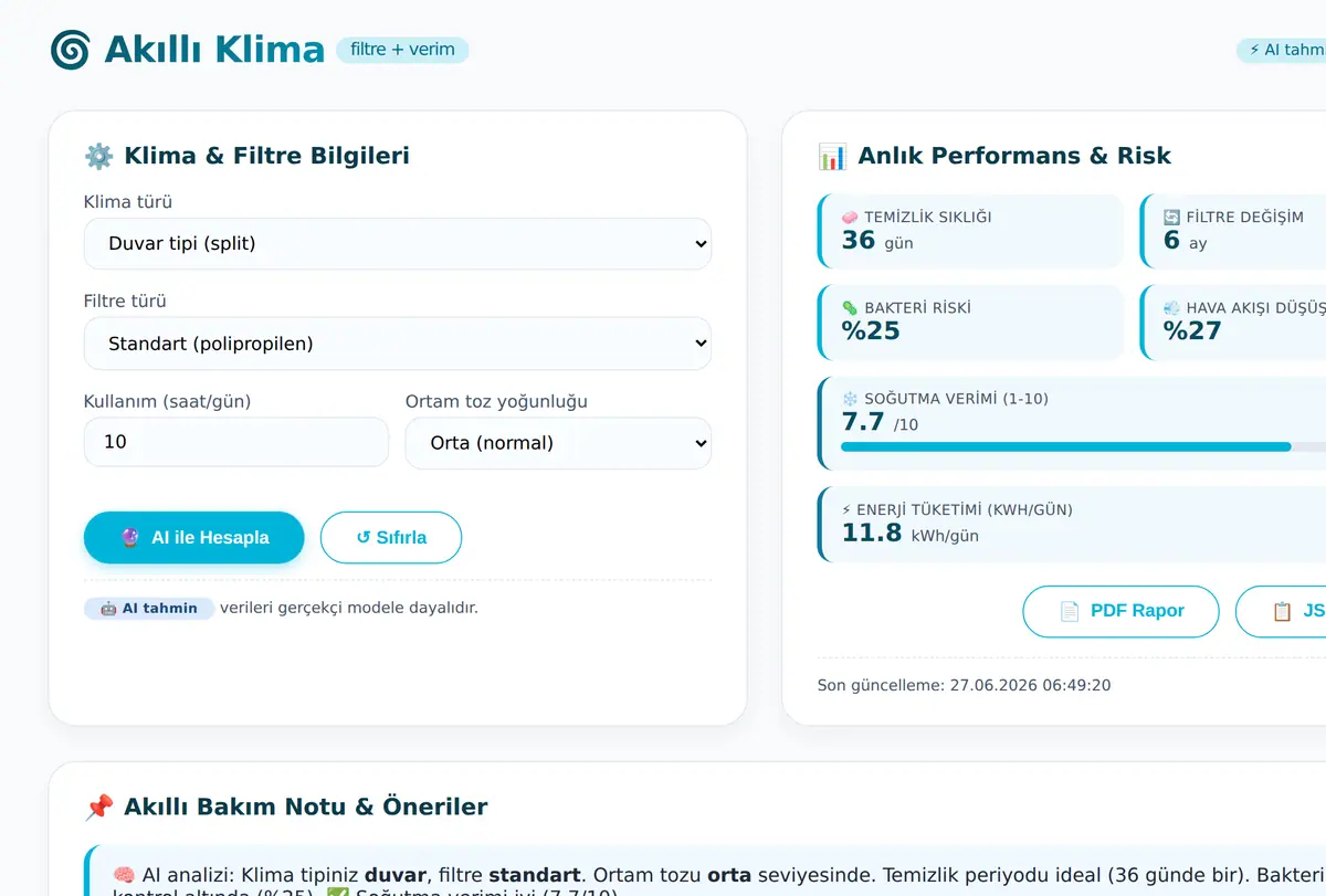 Akıllı Klima Filtre Temizlik ve Verim Hesaplayıcı ekran görüntüsü