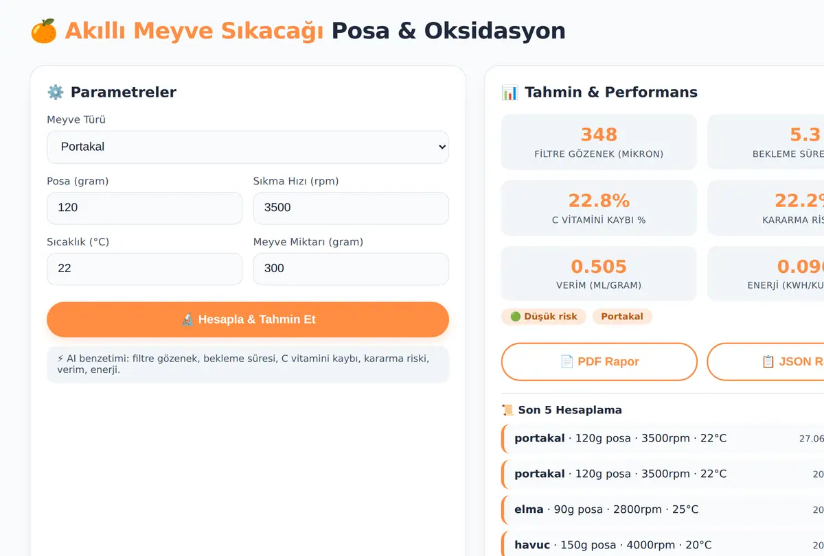 Akıllı Meyve Sıkacağı Posa ve Oksidasyon Hesapla ekran görüntüsü