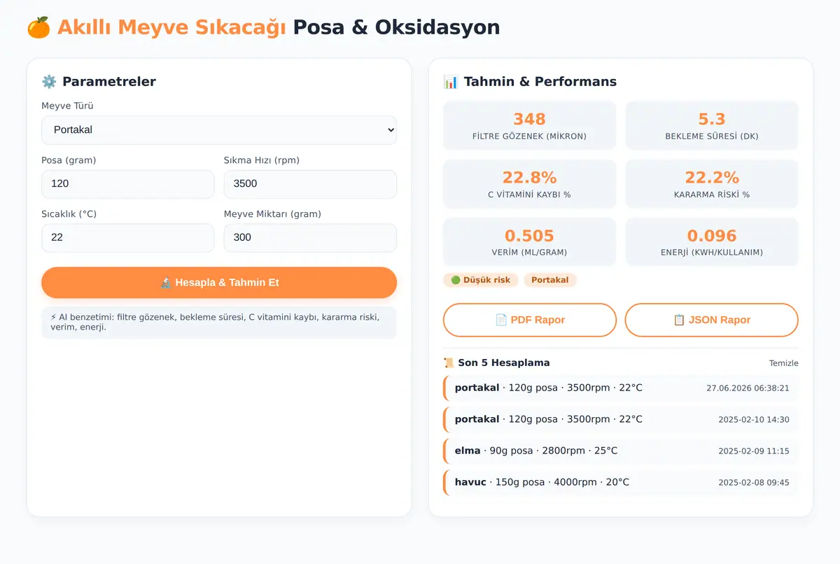 Akıllı Meyve Sıkacağı Posa ve Oksidasyon Hesapla ekran görüntüsü 2