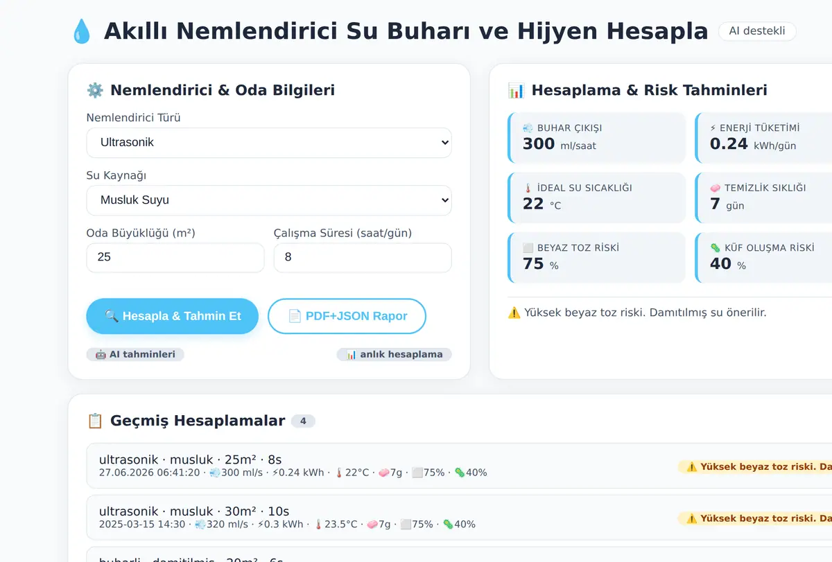Akıllı Nemlendirici Su Buharı ve Hijyen Hesapla ekran görüntüsü