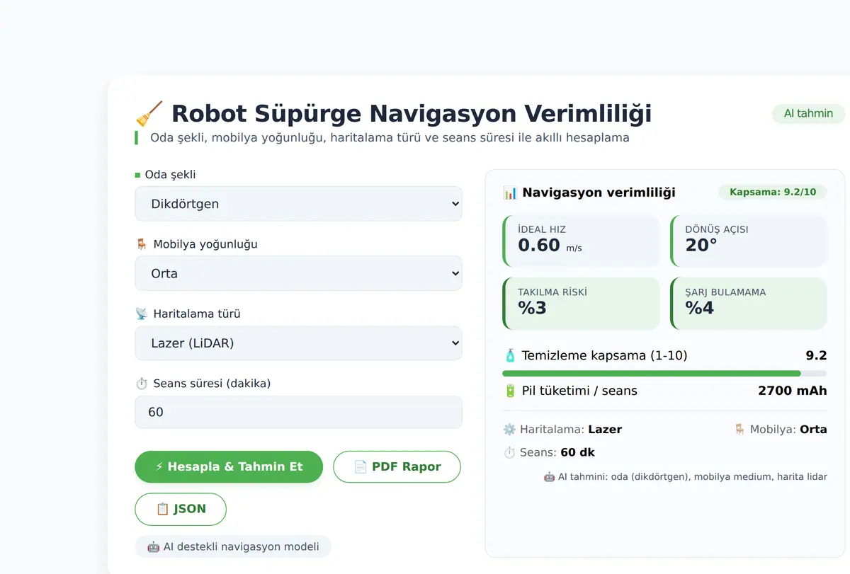 Robot Süpürge Navigasyon Verimliliği Hesaplayıcı ekran görüntüsü