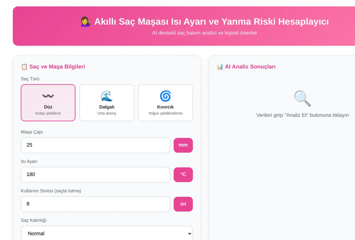 Akıllı Saç Maşası Isı Ayarı ve Yanma Riski Hesaplayıcı ekran görüntüsü