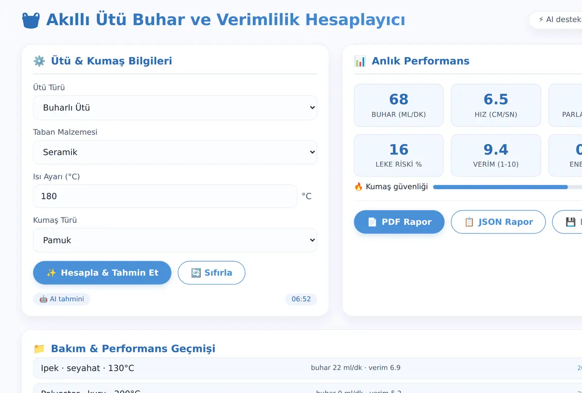 Akıllı Ütü Buhar ve Verimlilik Hesaplayıcı ekran görüntüsü