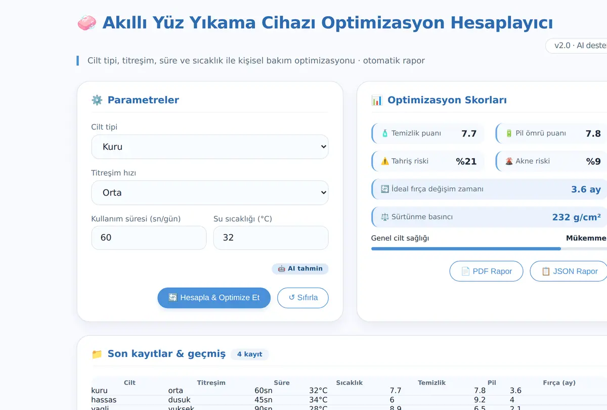 Akıllı Yüz Yıkama Cihazı Optimizasyon Hesaplayıcı ekran görüntüsü