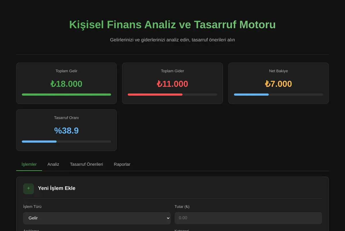 Kişisel Finans Analiz ve Tasarruf Motoru ekran görüntüsü 2